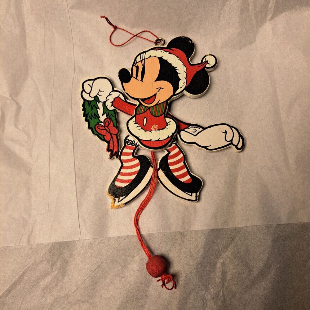 Kurt Adler Disney Minnie Mouse Wooden Christmas Pull Puppet Toy Ornament VINTAGE